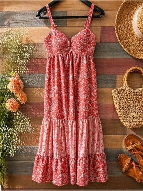Band of the Free Coral Floral Midi Dress M Smocked Bodice Tiered Boho